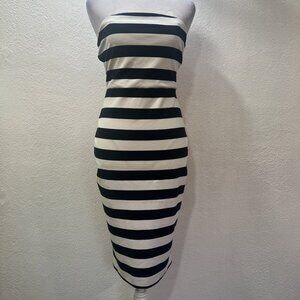 Express‎ Dress Y2K Womens Sz 6 Black White Striped Strapless Bodycon Stretch